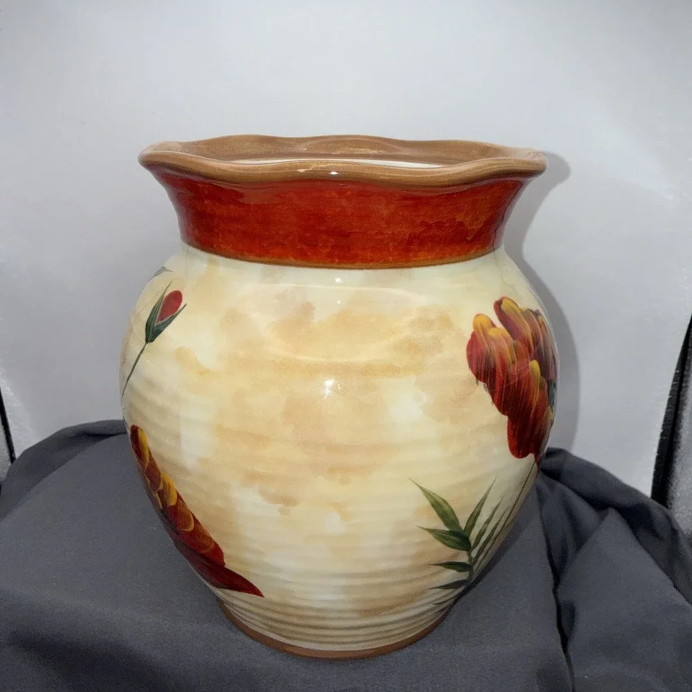 Vase by Pier 1  Poppies Utensil Holder / Vase Hand-Painted Earthenware 7